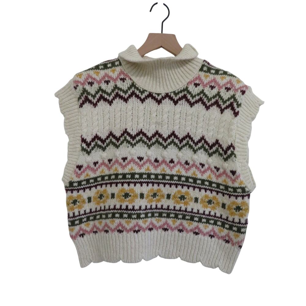 Anthropologie Women Sz L Fair Isle Turtleneck Sweater Vest Knit Preppy Academia